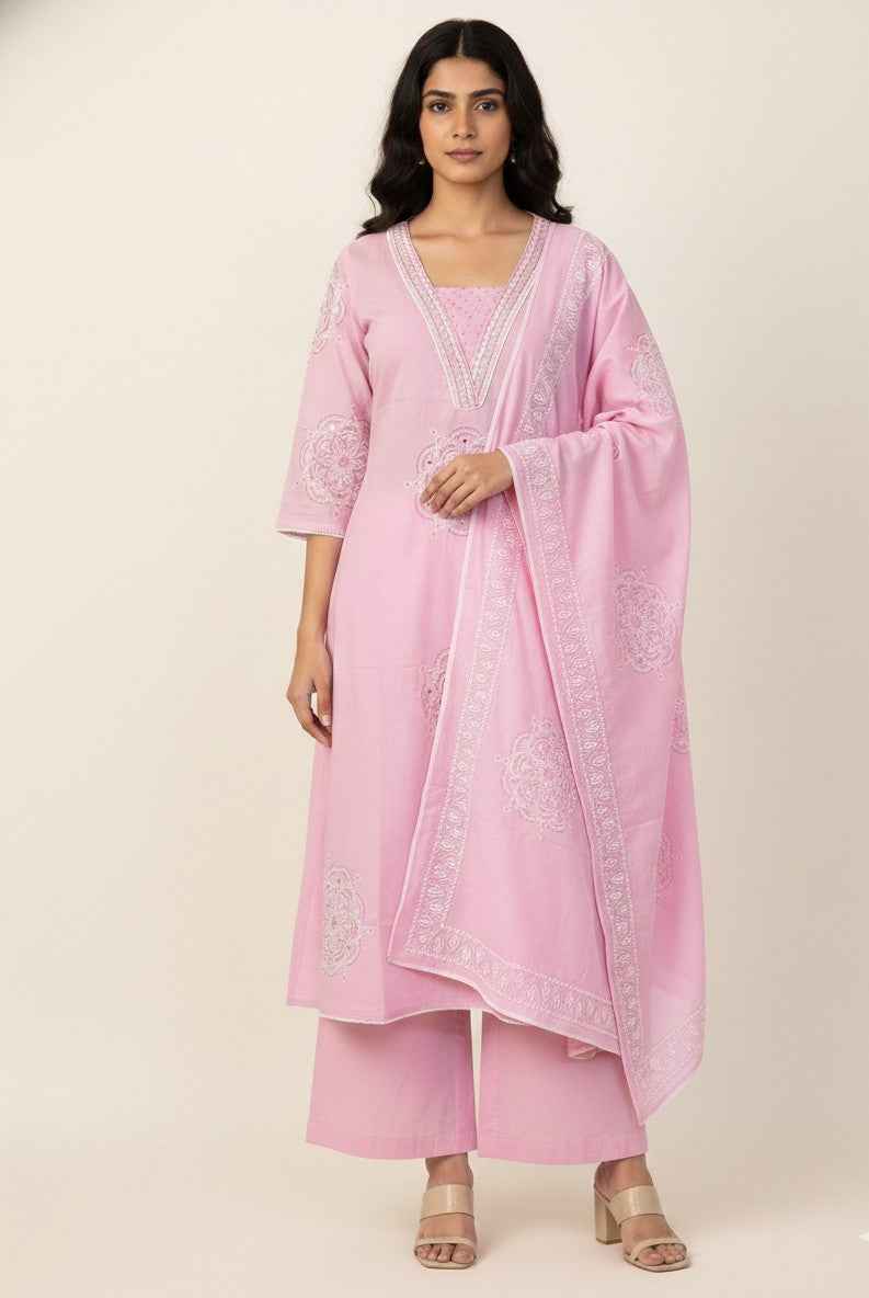 Pure Cotton A Line Three Piece Dupatta Set