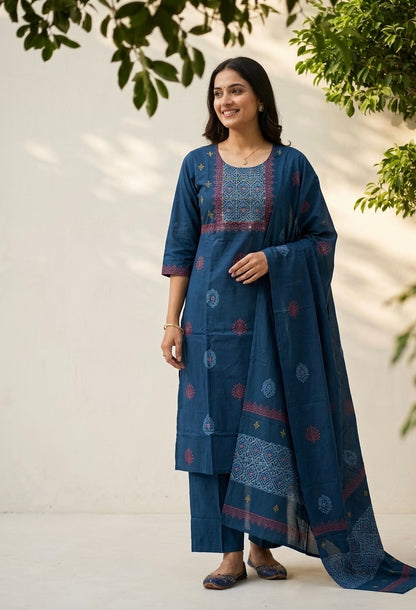 Premium Dabu Cotton Solid Base With Printed Dupatta Set COS324