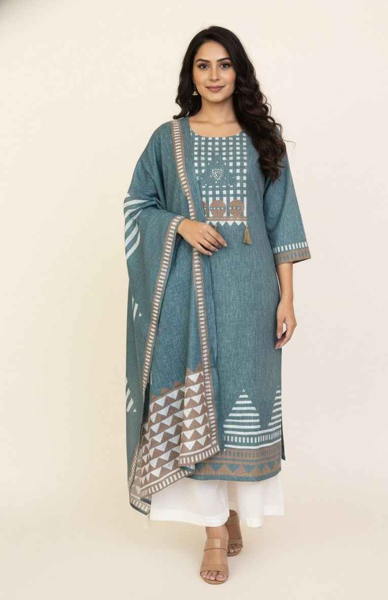 Pure Linen Three Piece Dupatta Set