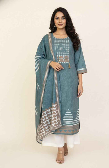 Pure Linen Three Piece Dupatta Set