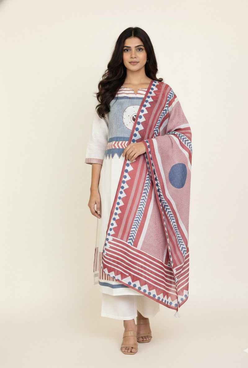Pure Cotton Three Piece Dupatta Set With Linen