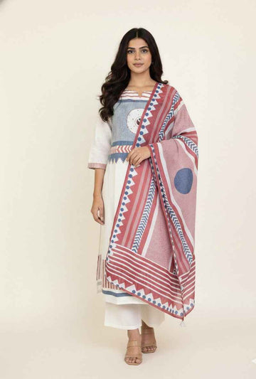 Pure Cotton Three Piece Dupatta Set With Linen