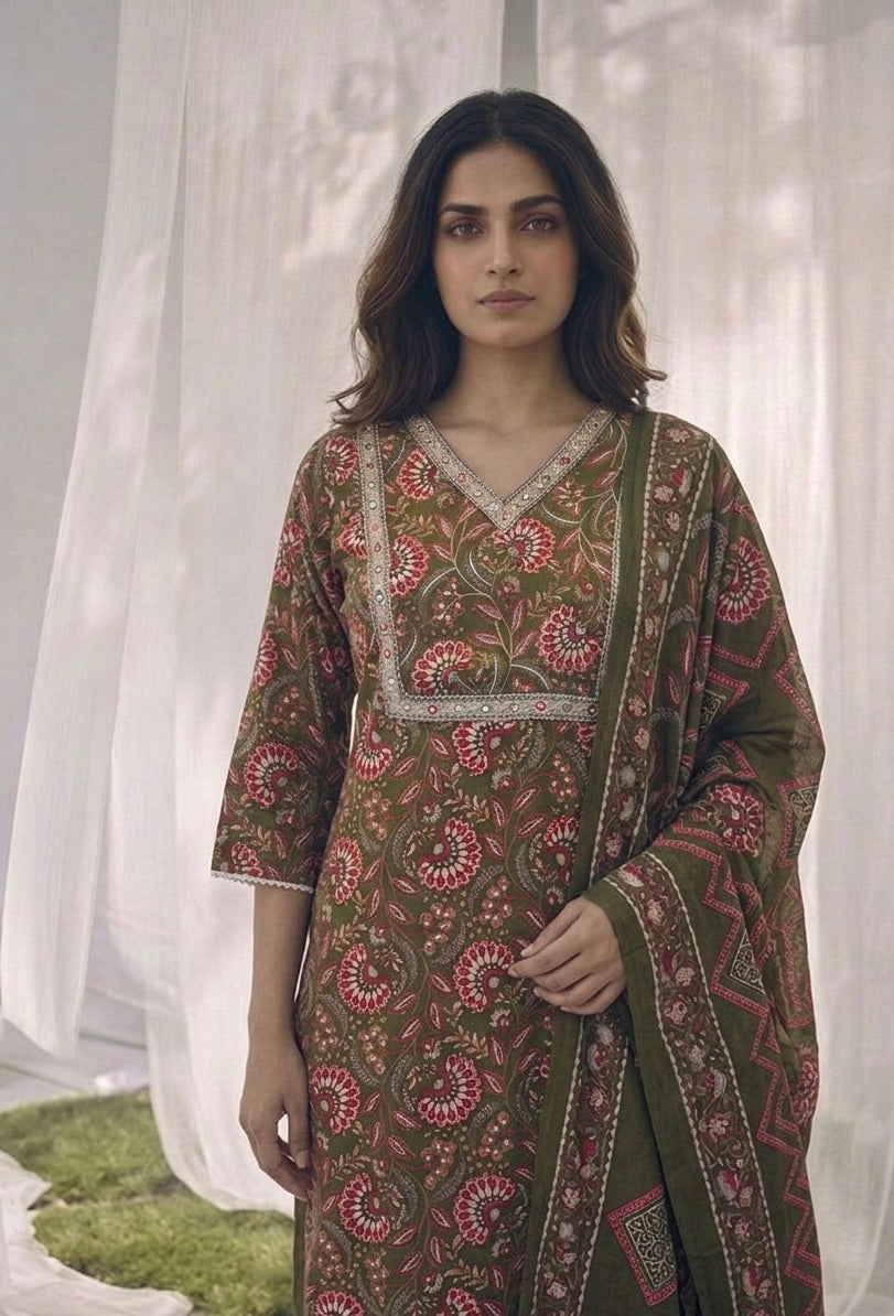 Pure Cotton Three Piece Dupatta Set LSS076