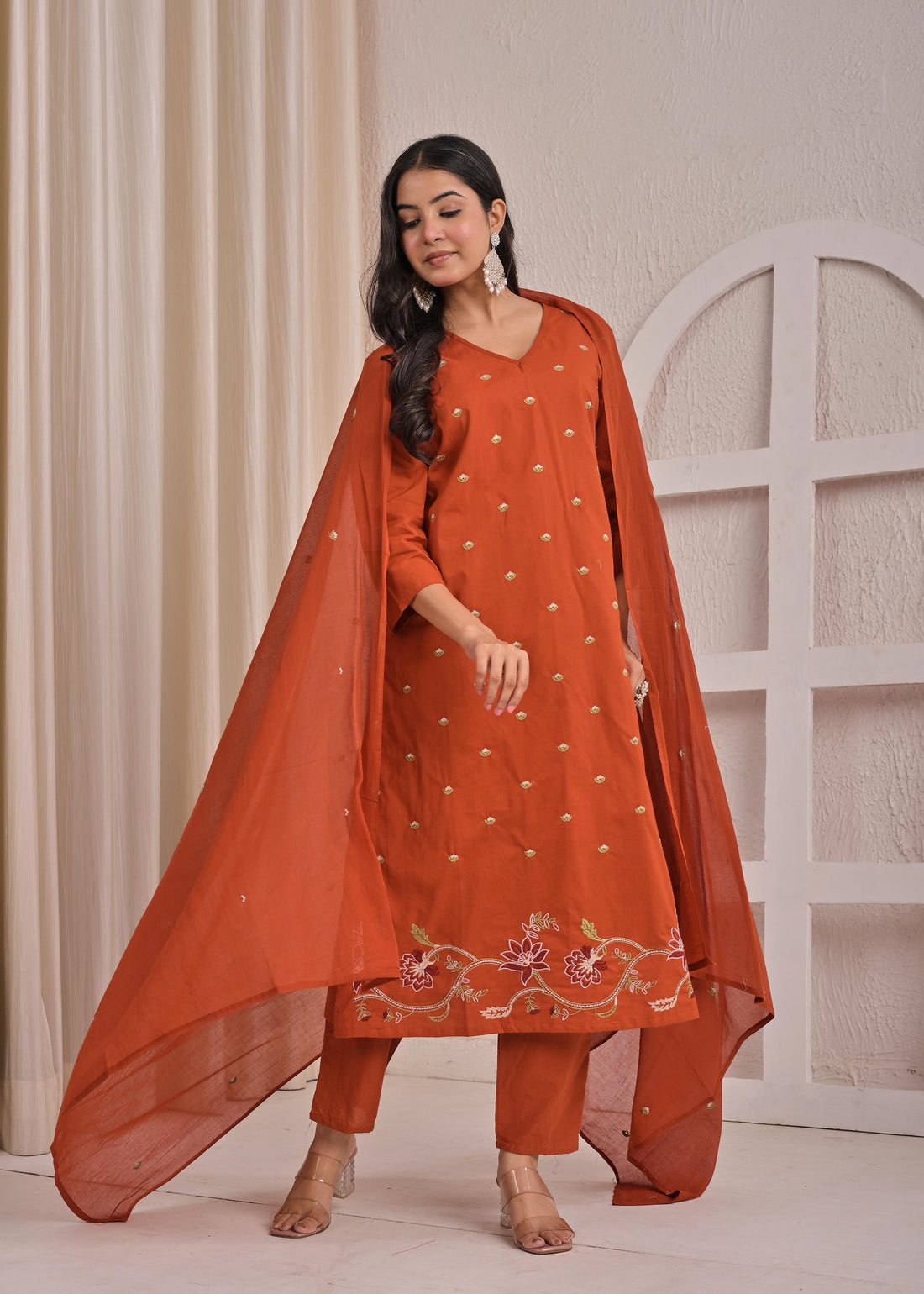 Pure cotton A line with embroidery Dupatta set  CS0114