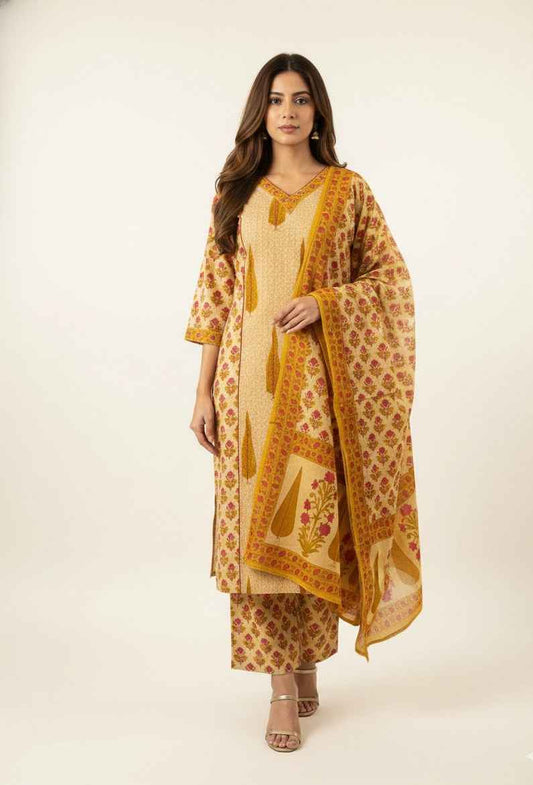 Pure Cotton floral print Three Piece Dupatta Set  CS0195