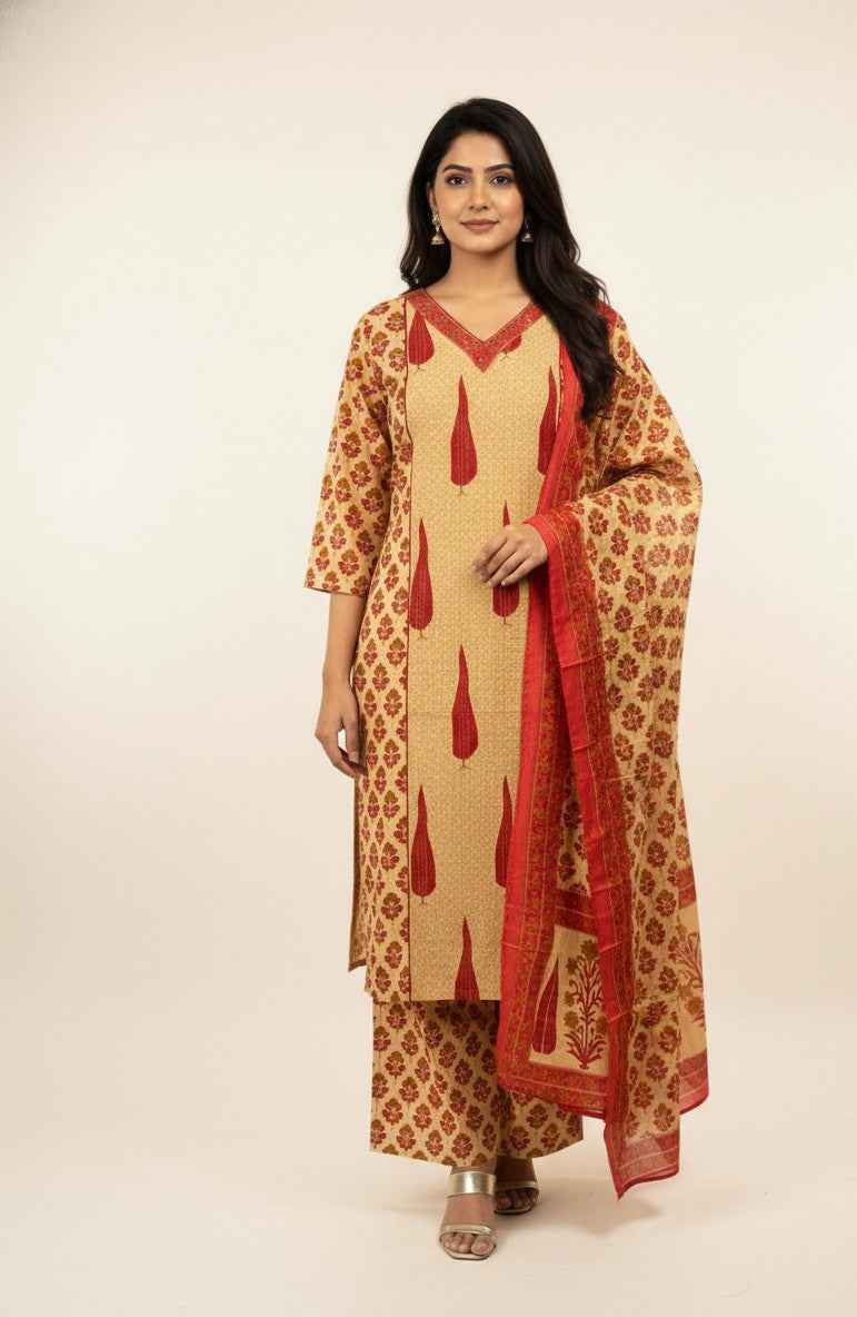 Pure Cotton floral print Three Piece Dupatta Set  CS0195