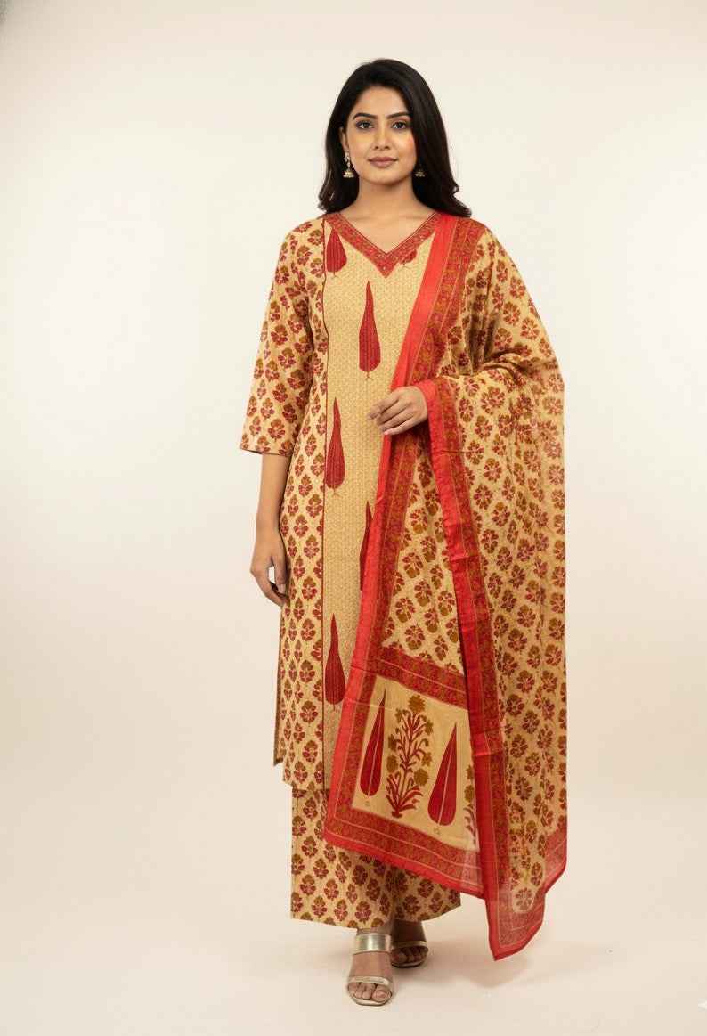 Pure Cotton floral print Three Piece Dupatta Set  CS0195