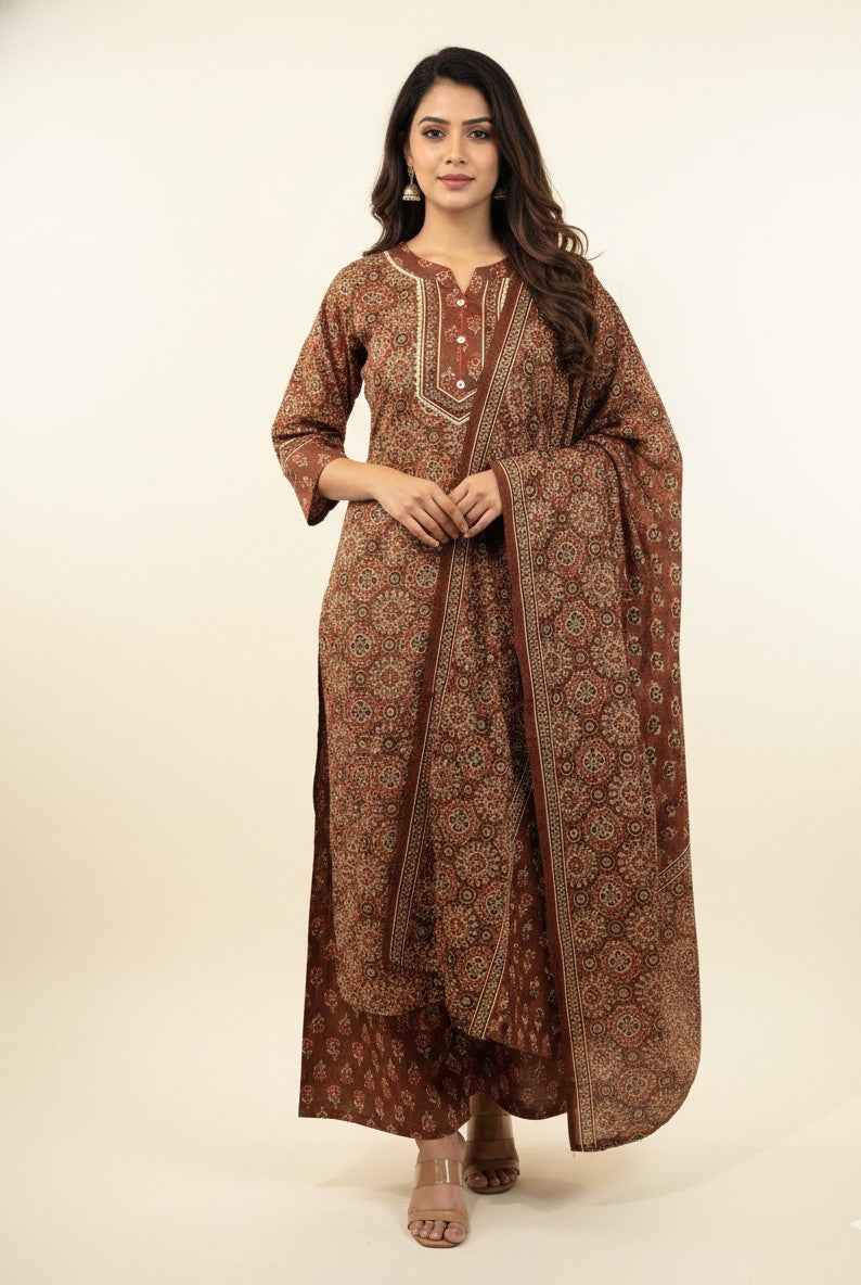 Pure Cotton Ajrakh  Print Three Piece Dupatta Set  CS0198