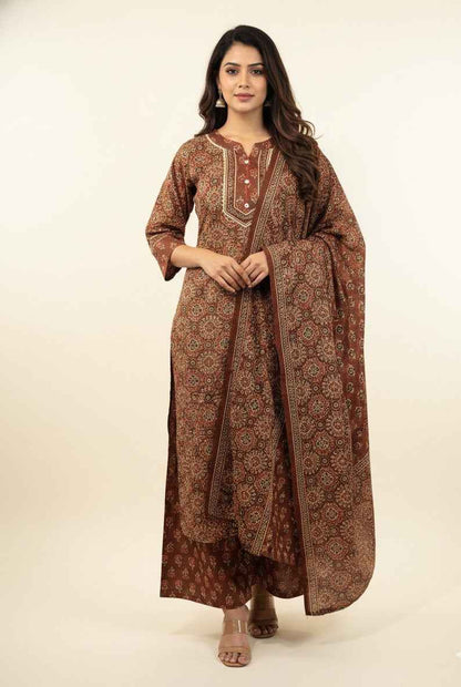 Pure Cotton Ajrakh  Print Three Piece Dupatta Set  CS0198