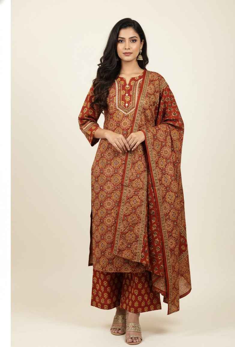 Pure Cotton Ajrakh  Print Three Piece Dupatta Set  CS0198