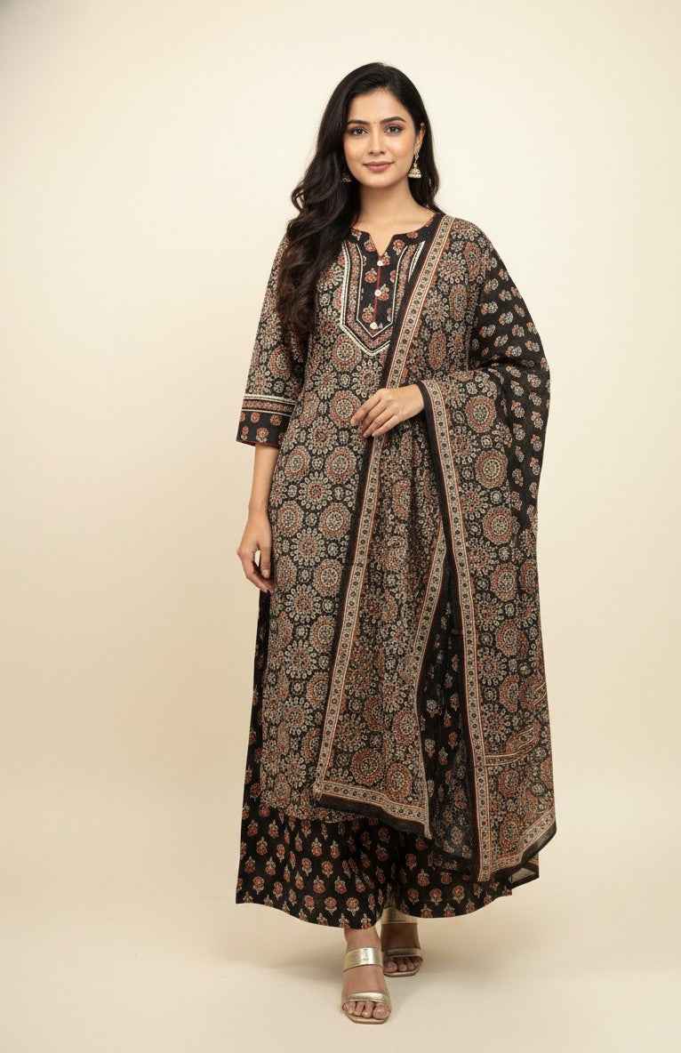 Pure Cotton Ajrakh  Print Three Piece Dupatta Set  CS0198