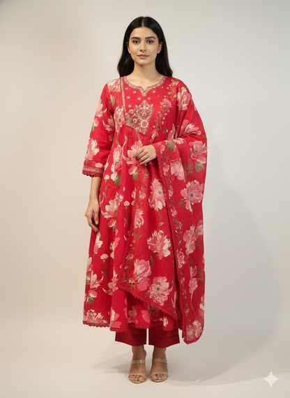 Pure Cotton A Line floral print Three Piece Dupatta Set  CS0201