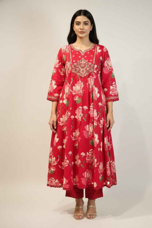 Pure Cotton A Line floral print Three Piece Dupatta Set  CS0201