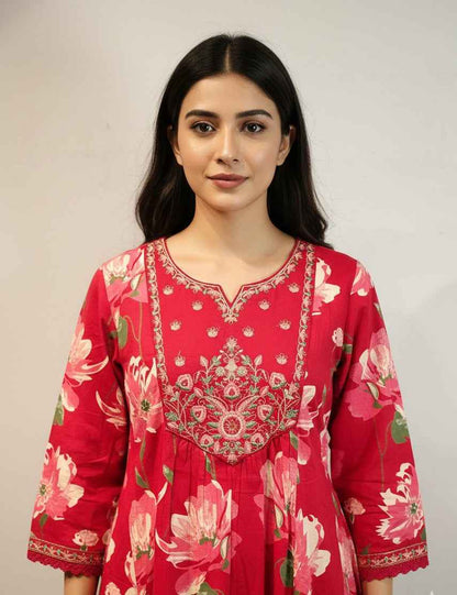 Pure Cotton A Line floral print Three Piece Dupatta Set  CS0201