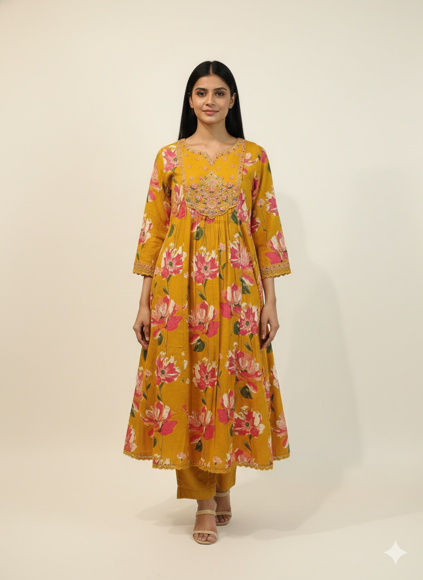 Pure Cotton A Line floral print Three Piece Dupatta Set  CS0201