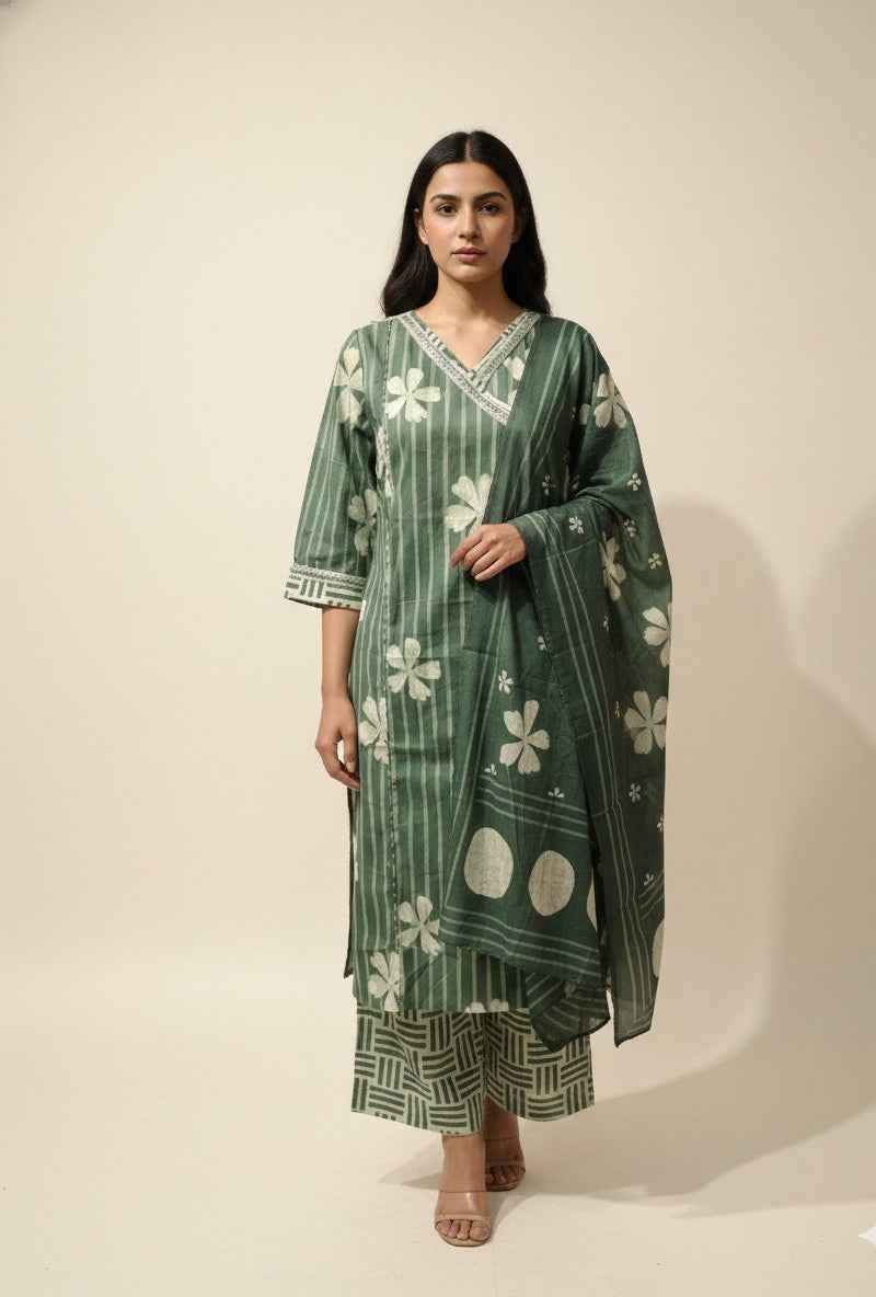 Pure Cotton floral print Three Piece Dupatta Set With Angrakha Style  CS0202