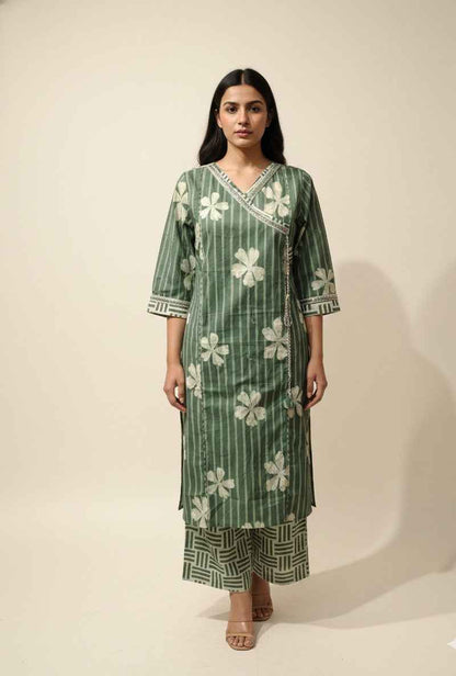 Pure Cotton floral print Three Piece Dupatta Set With Angrakha Style  CS0202