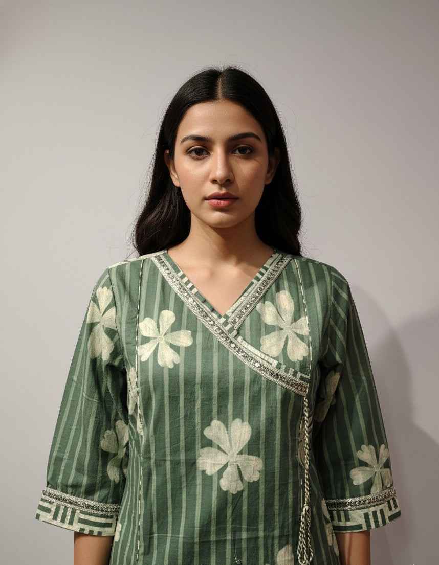 Pure Cotton floral print Three Piece Dupatta Set With Angrakha Style  CS0202