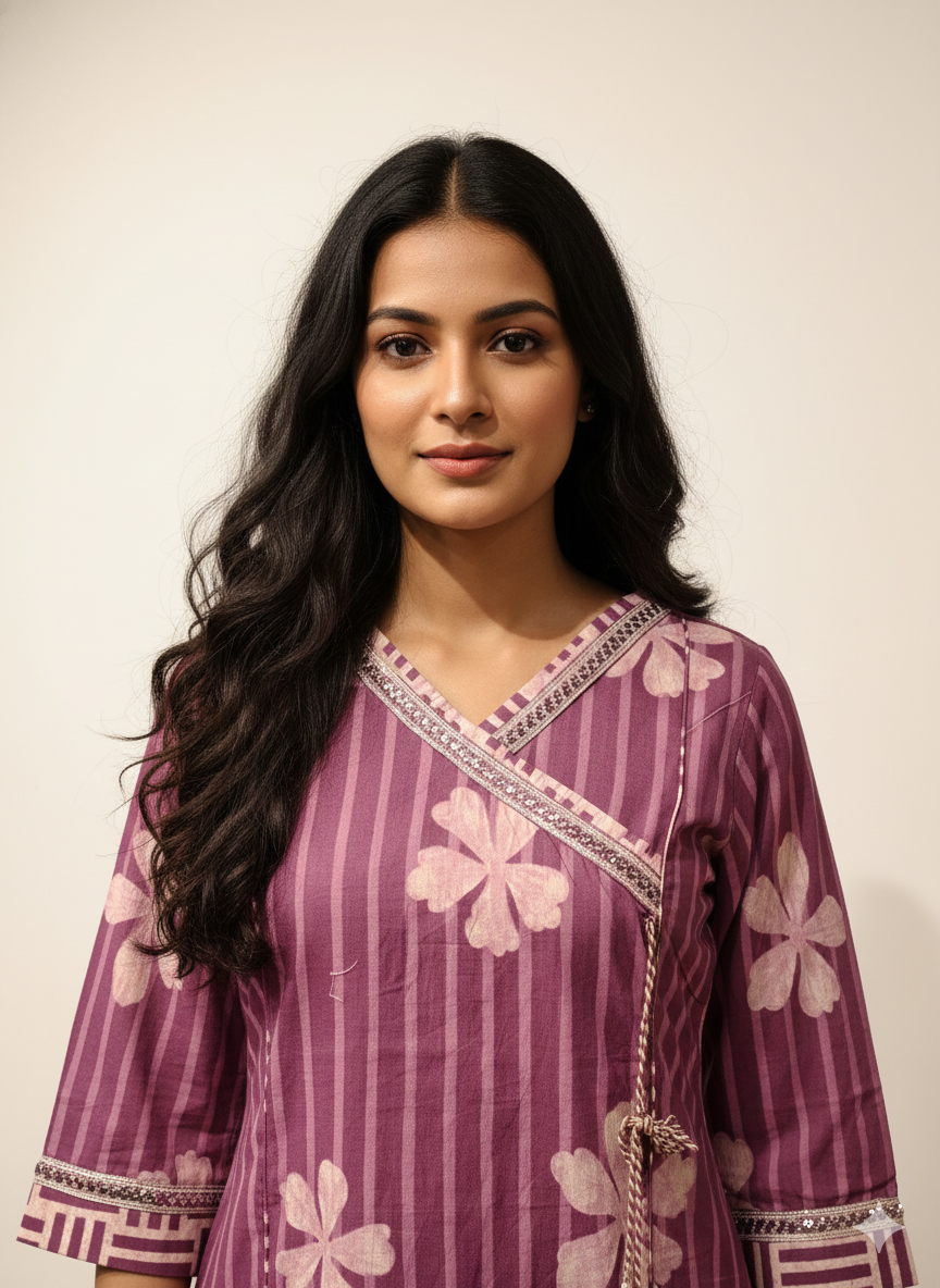 Pure Cotton floral print Three Piece Dupatta Set With Angrakha Style  CS0202