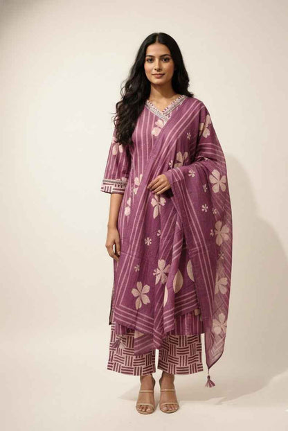 Pure Cotton floral print Three Piece Dupatta Set With Angrakha Style  CS0202