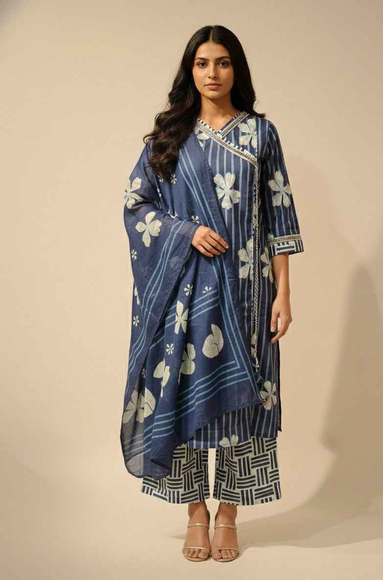 Pure Cotton floral print Three Piece Dupatta Set With Angrakha Style  CS0202