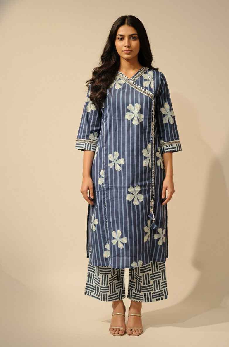 Pure Cotton floral print Three Piece Dupatta Set With Angrakha Style  CS0202