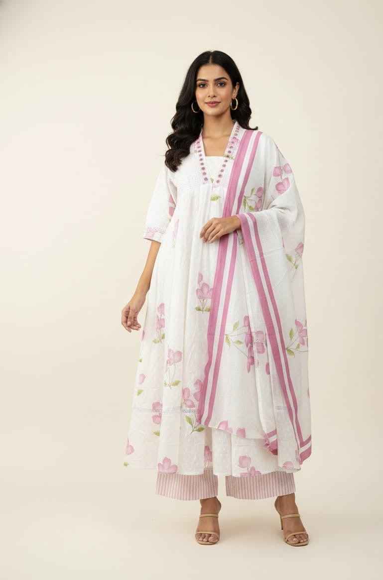 Premium Cotton Floral Print Anarkali With Kota Doriya Dupatta Set With Inner  ANK030