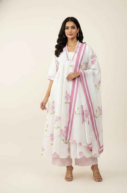 Premium Cotton Floral Print Anarkali With Kota Doriya Dupatta Set With Inner  ANK030