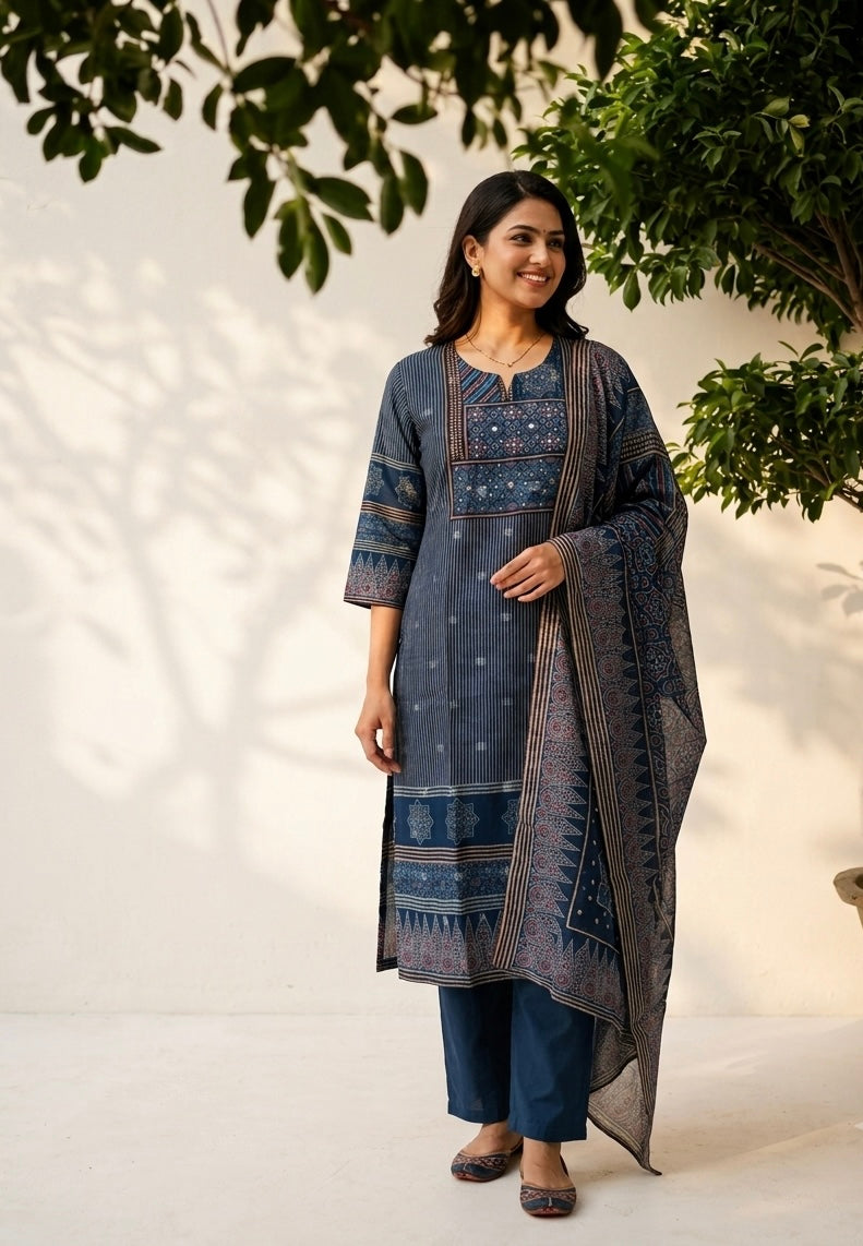 Printed Dupatta Set In Kota Doriya Fabric KD052