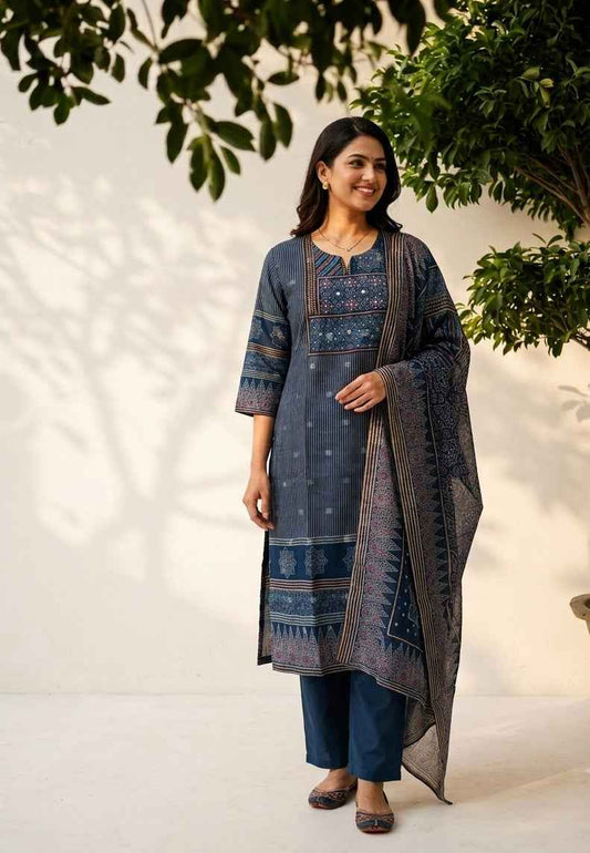 Printed Dupatta Set In Kota Doriya Fabric KD052