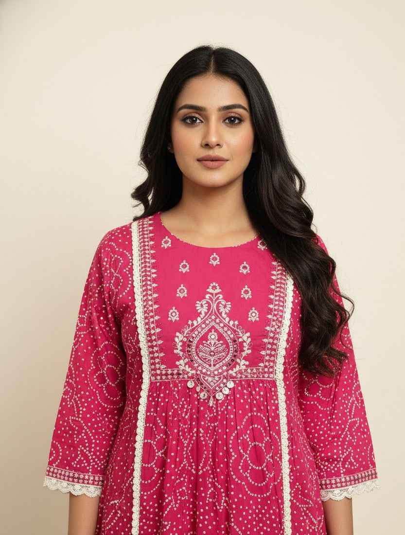 Pure Cotton A Line Bandhej Print Three Piece Dupatta Set  CS0205