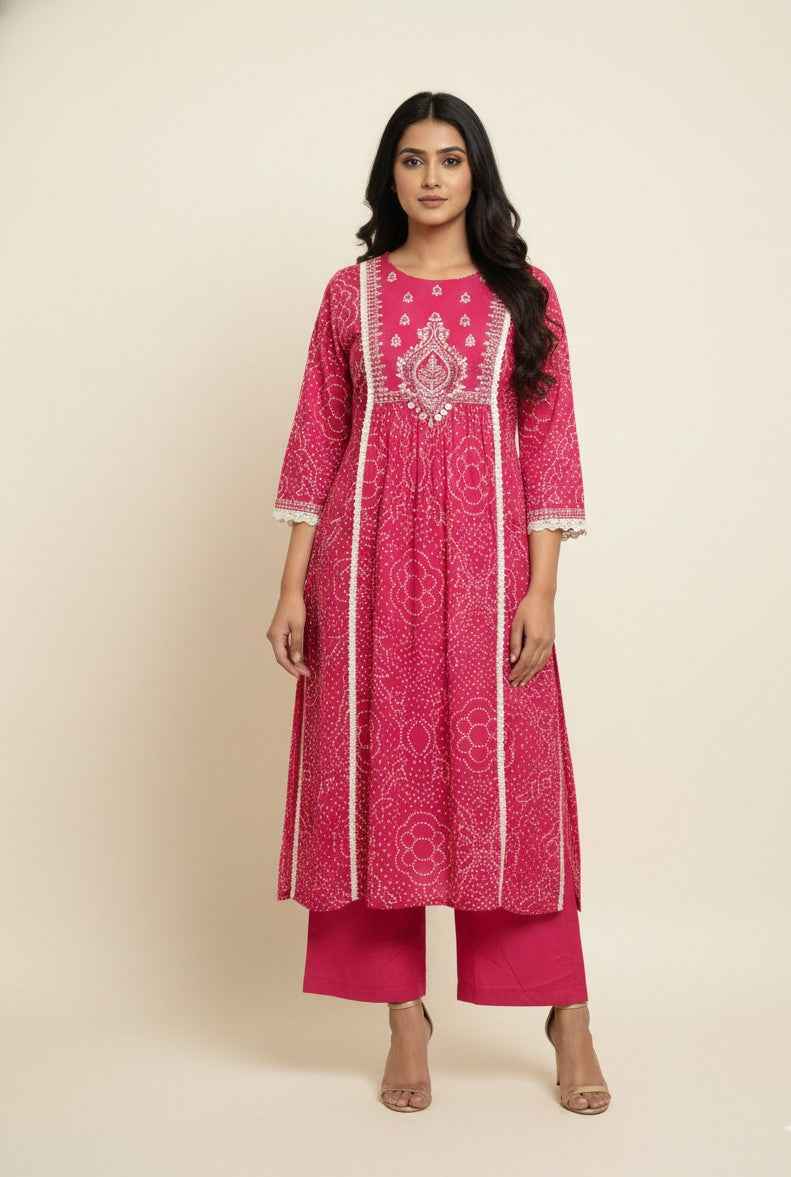 Pure Cotton A Line Bandhej Print Three Piece Dupatta Set  CS0205