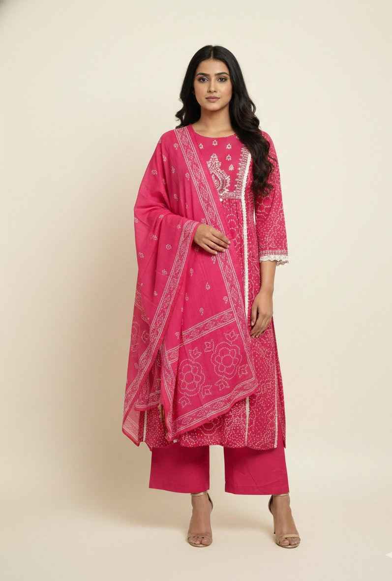 Pure Cotton A Line Bandhej Print Three Piece Dupatta Set  CS0205