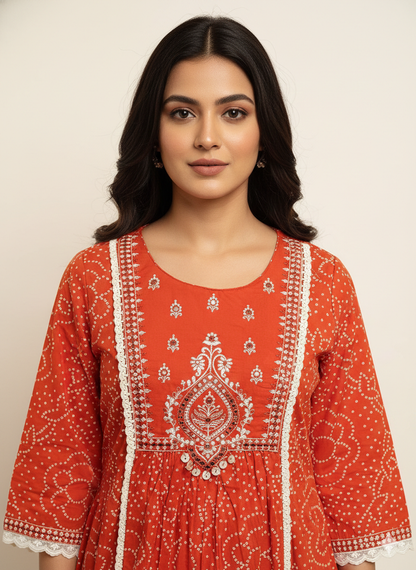 Pure Cotton A Line Bandhej Print Three Piece Dupatta Set  CS0205