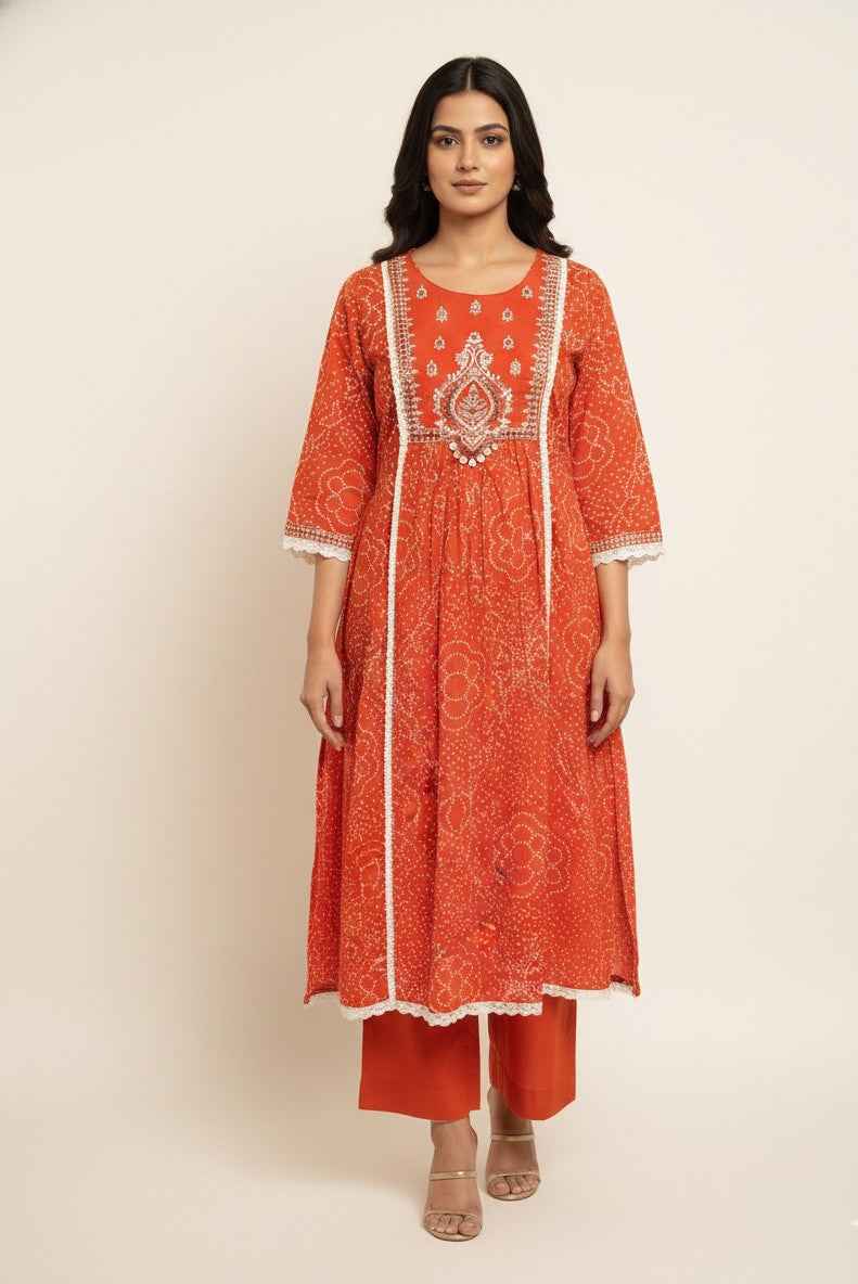 Pure Cotton A Line Bandhej Print Three Piece Dupatta Set  CS0205