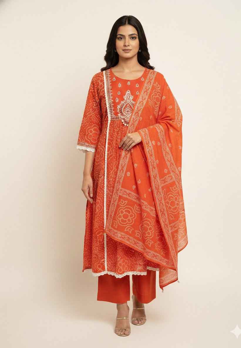 Pure Cotton A Line Bandhej Print Three Piece Dupatta Set  CS0205