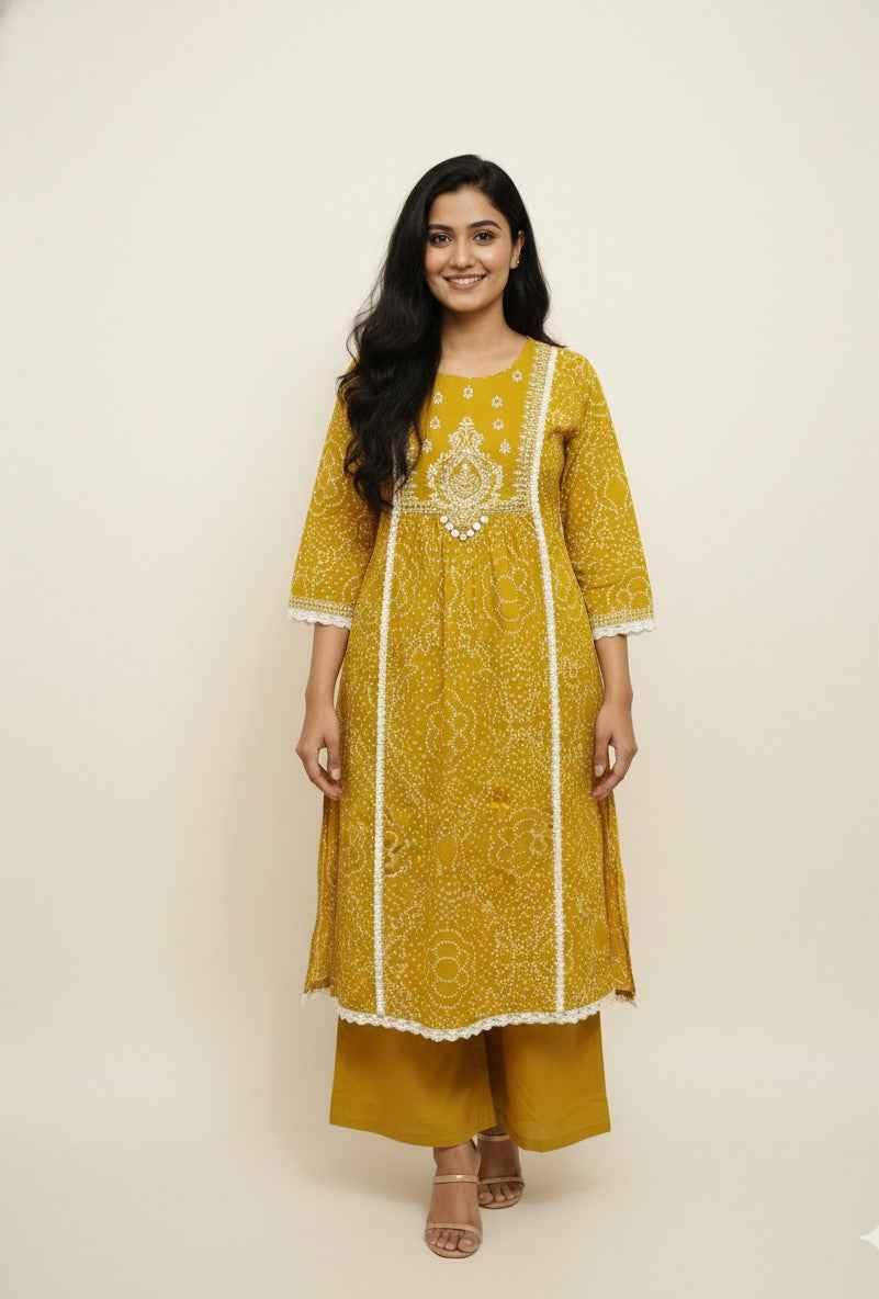 Pure Cotton A Line Bandhej Print Three Piece Dupatta Set  CS0205