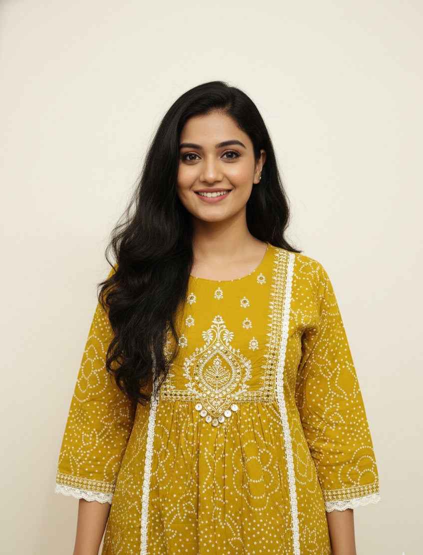 Pure Cotton A Line Bandhej Print Three Piece Dupatta Set  CS0205