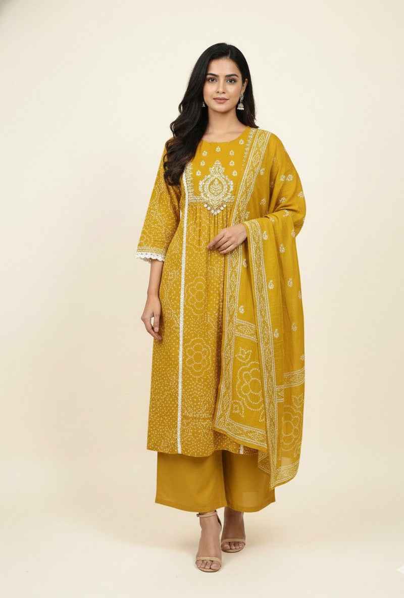 Pure Cotton A Line Bandhej Print Three Piece Dupatta Set  CS0205