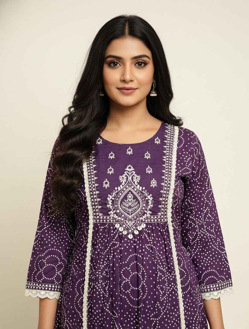 Pure Cotton A Line Bandhej Print Three Piece Dupatta Set  CS0205