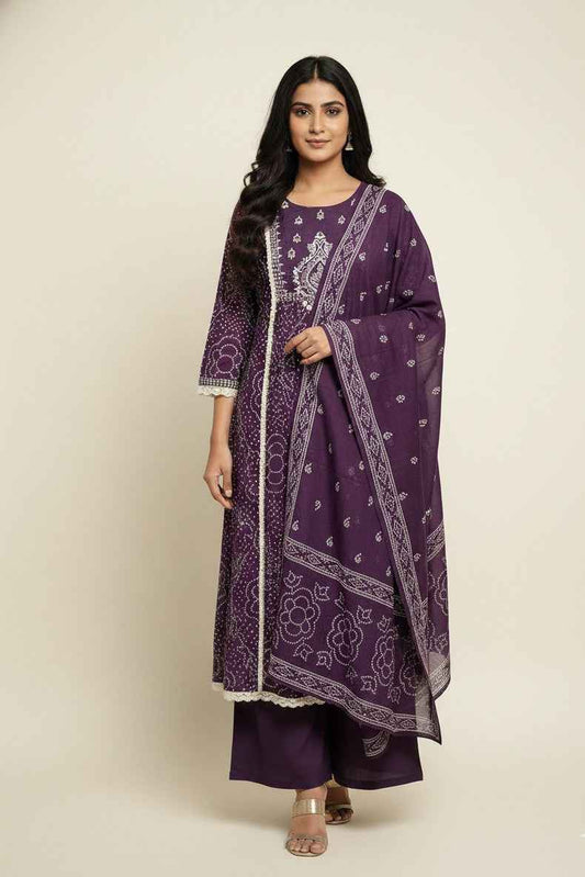 Pure Cotton A Line Bandhej Print Three Piece Dupatta Set  CS0205
