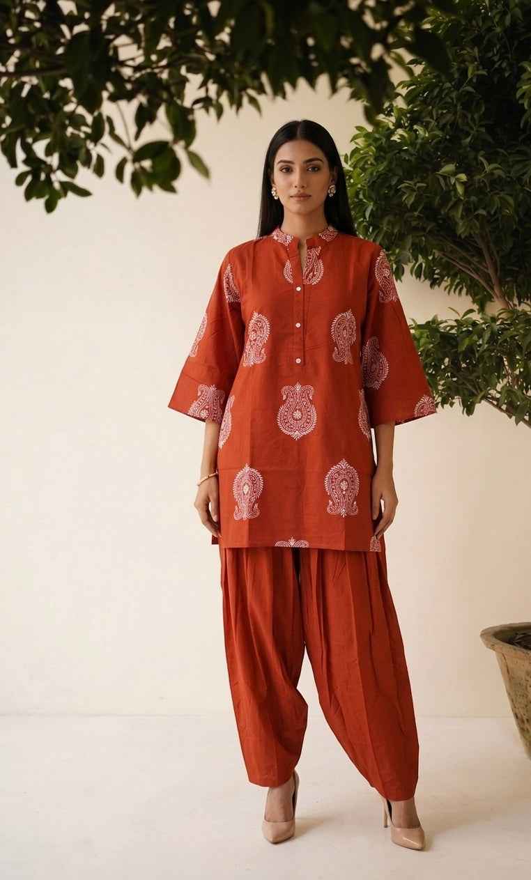 Pure Cotton Two Piece Co-Ord Set With Farshi Pant C0S0130