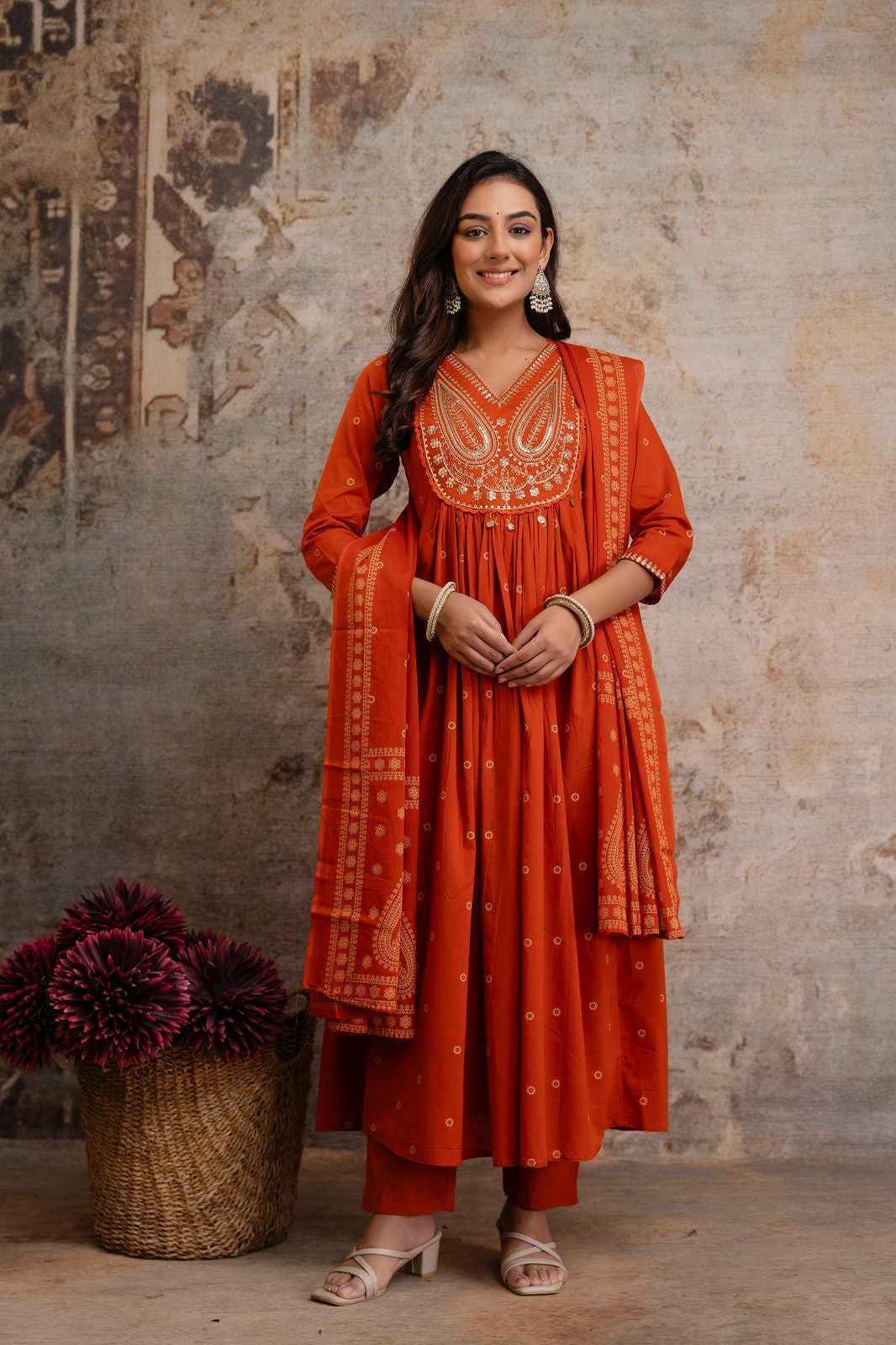 Pure cotton foil print a-line dupatta set