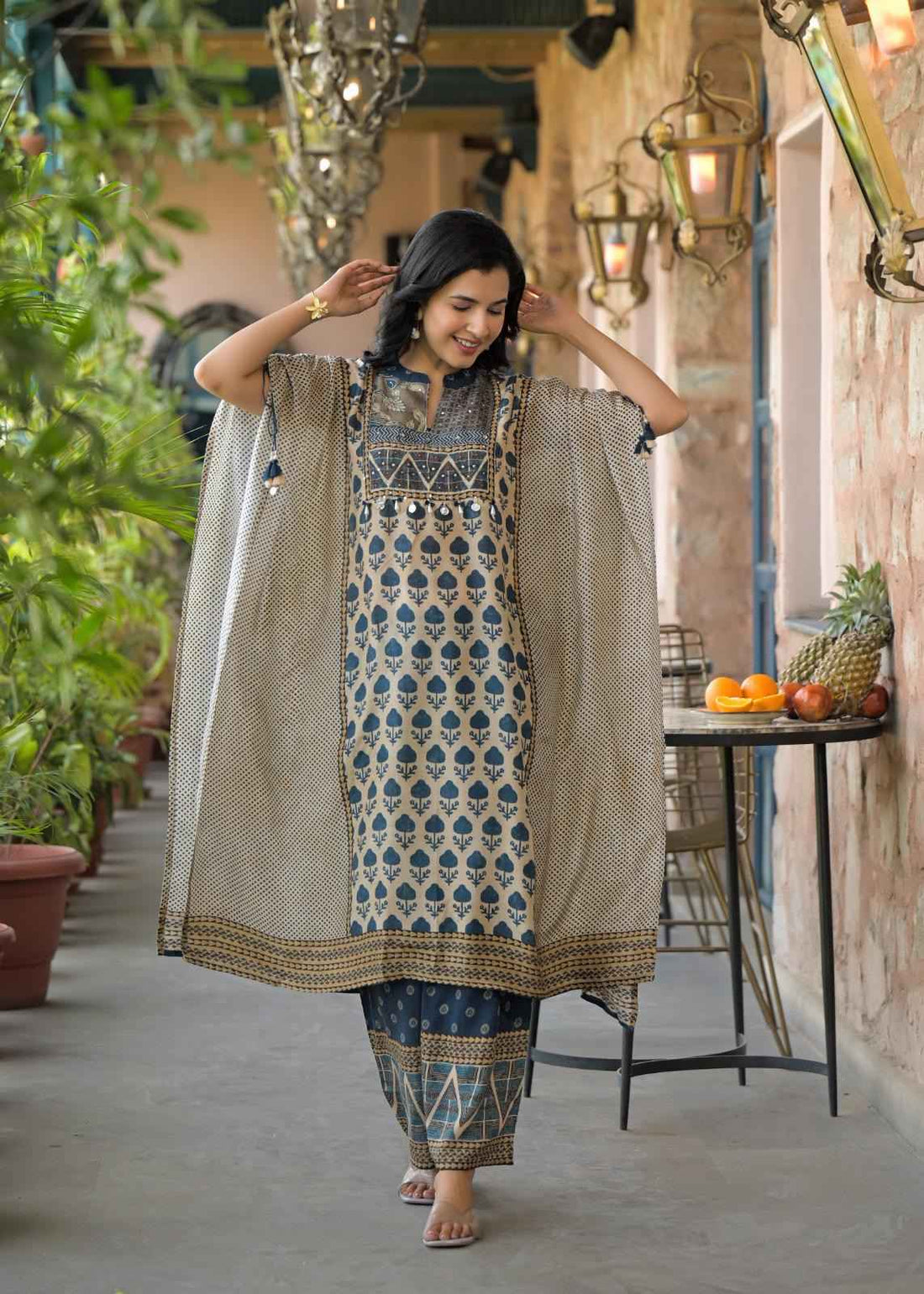 Pure Muslin Free style kaaftan in pure Ajrakh print. MK005