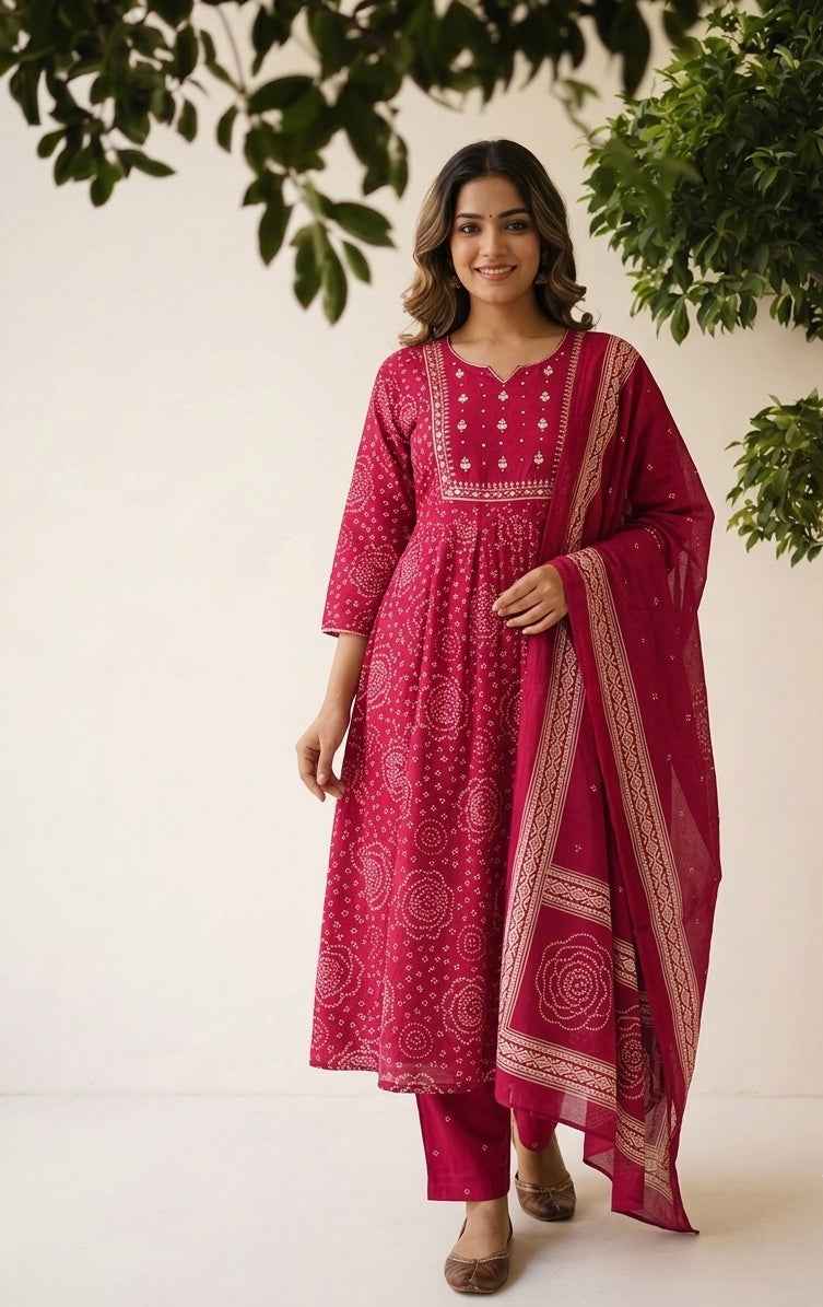Pure Cotton Dupatta Suit With Bandhej Print