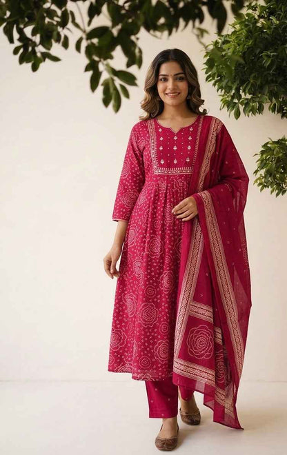 Pure Cotton Dupatta Suit With Bandhej Print