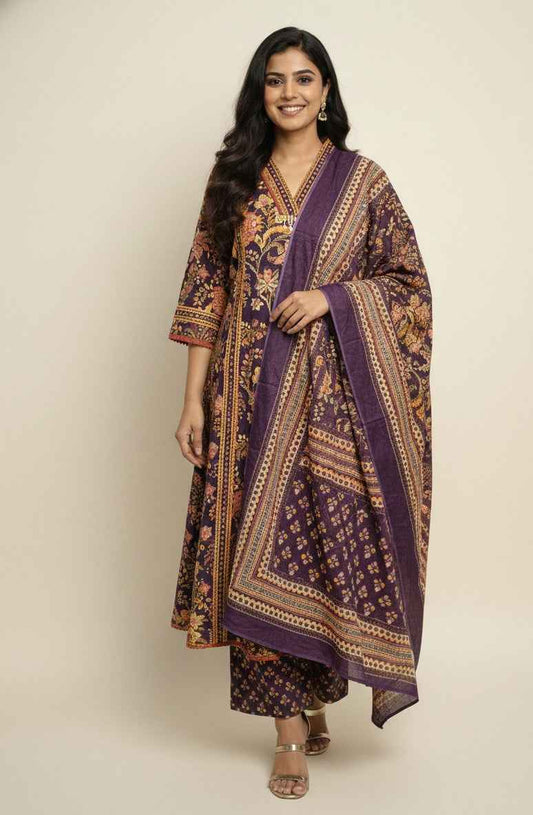 Pure Cotton A Line Anarkali Dupatta Set With Palazzo  CS0204