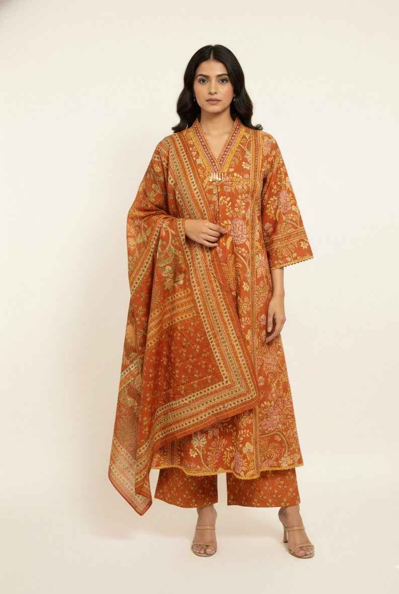 Pure Cotton A Line Anarkali Dupatta Set With Palazzo  CS0204