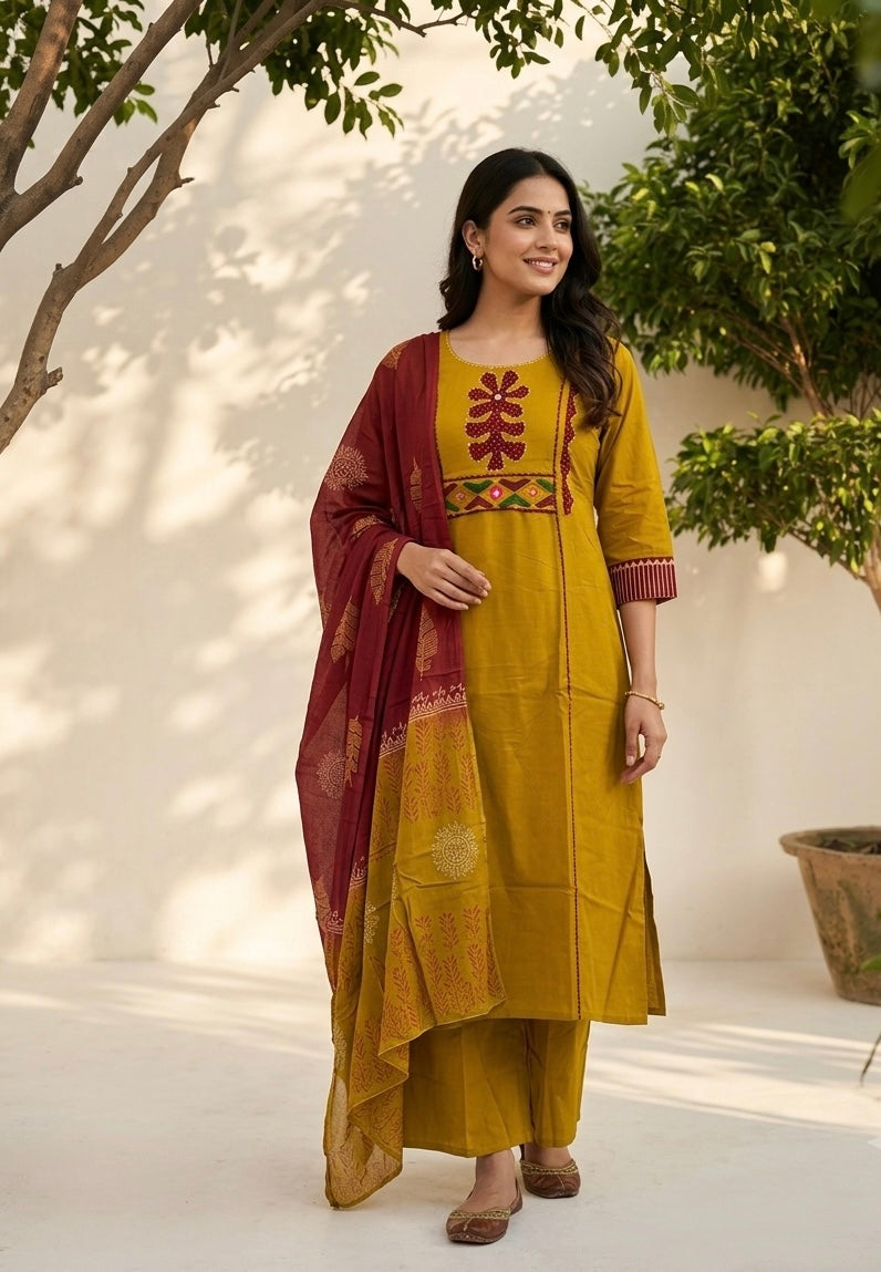 Premium Dabu Cotton Solid Base With Printed Dupatta Set COS329