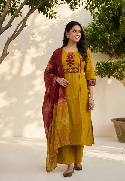 Premium Dabu Cotton Solid Base With Printed Dupatta Set COS329